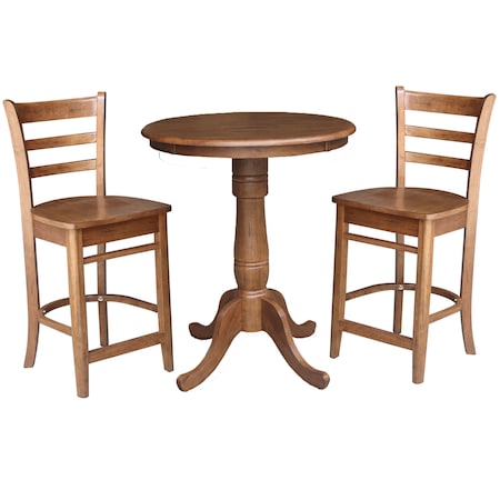International Concepts Round 30 in Rd Top Pedestal Table, 2 Emily Counter Ht Stools, Distressed Oak, 30 in W, 30 in L, Wood K42-30RT-6B-S6172-2